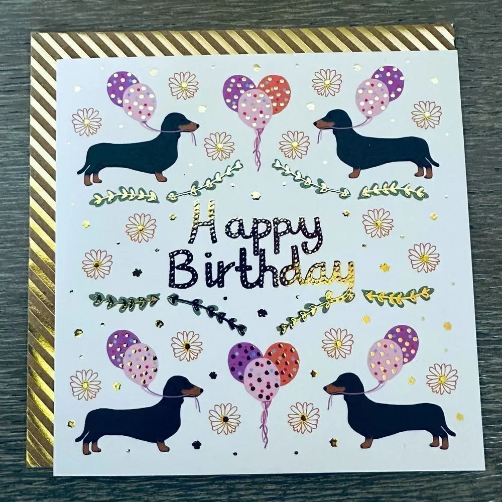 Dachshund Dog Happy Birthday Gold Metallic Greeting Card
